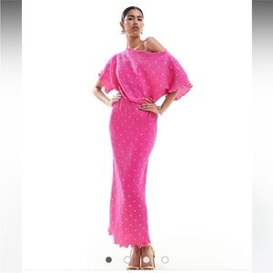 Never Fully Dressed Hot Pink Midi Dress with Gold Dots